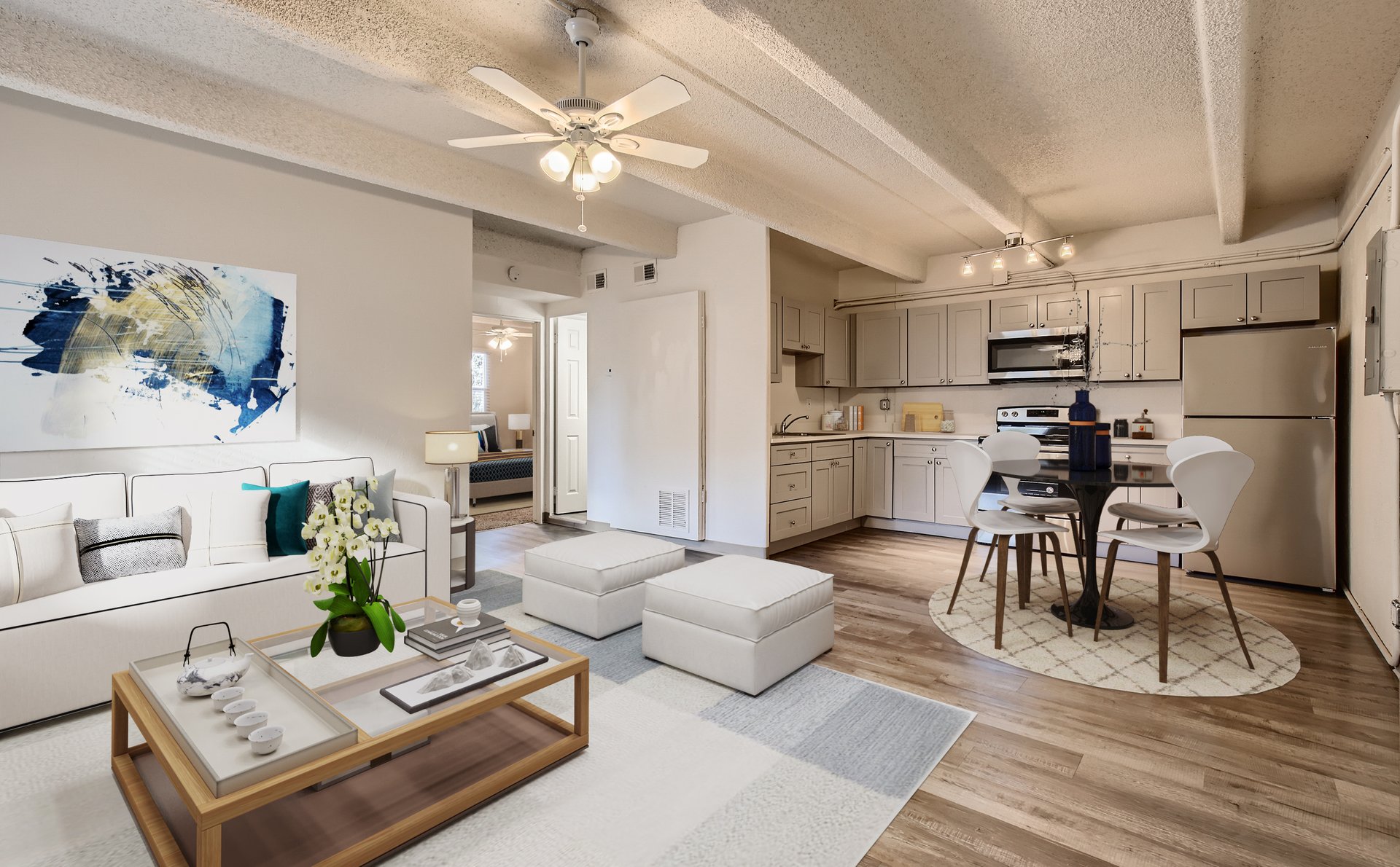 a room filled with furniture and a table